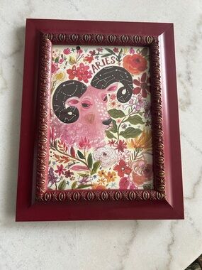 Aries Floral Ram Art Print in Burgundy Frame -